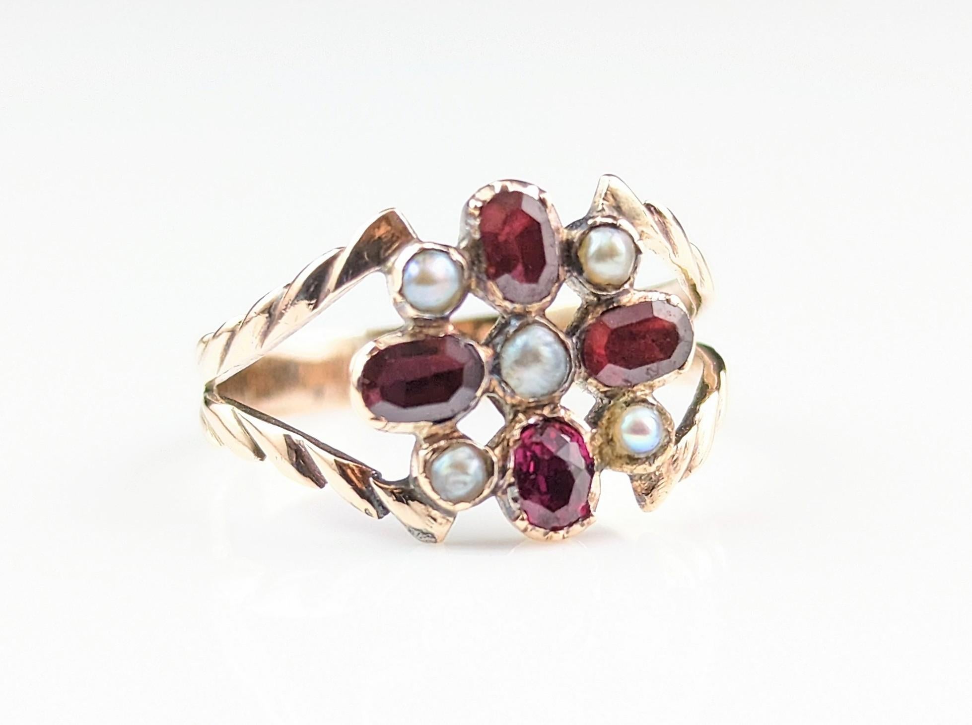 Antique Regency Era Floral Ring, Flat Cut Garnet, Pearl and Ruby, 9k Gold 7