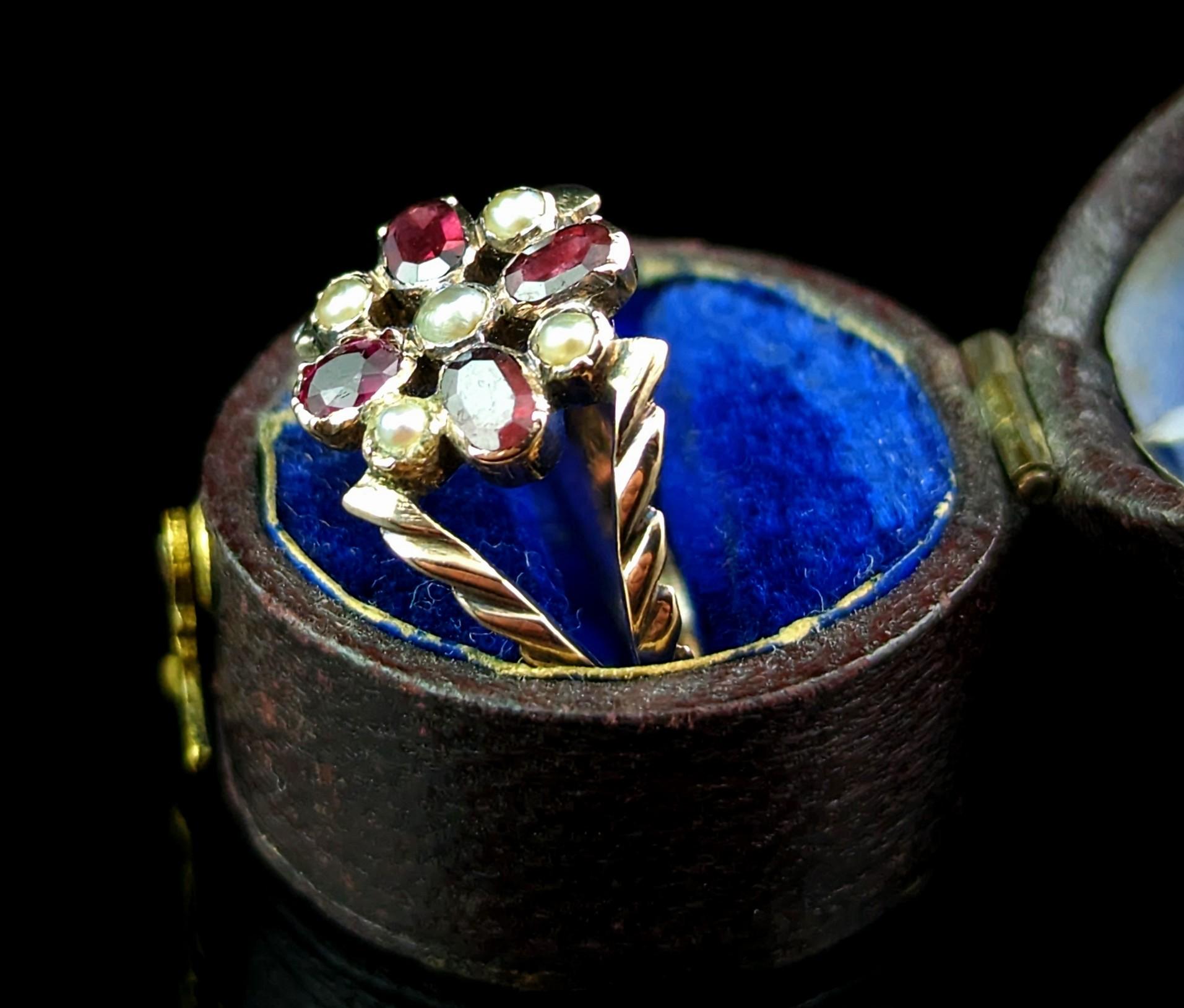 Baguette Cut Antique Regency Era Floral Ring, Flat Cut Garnet, Pearl and Ruby, 9k Gold