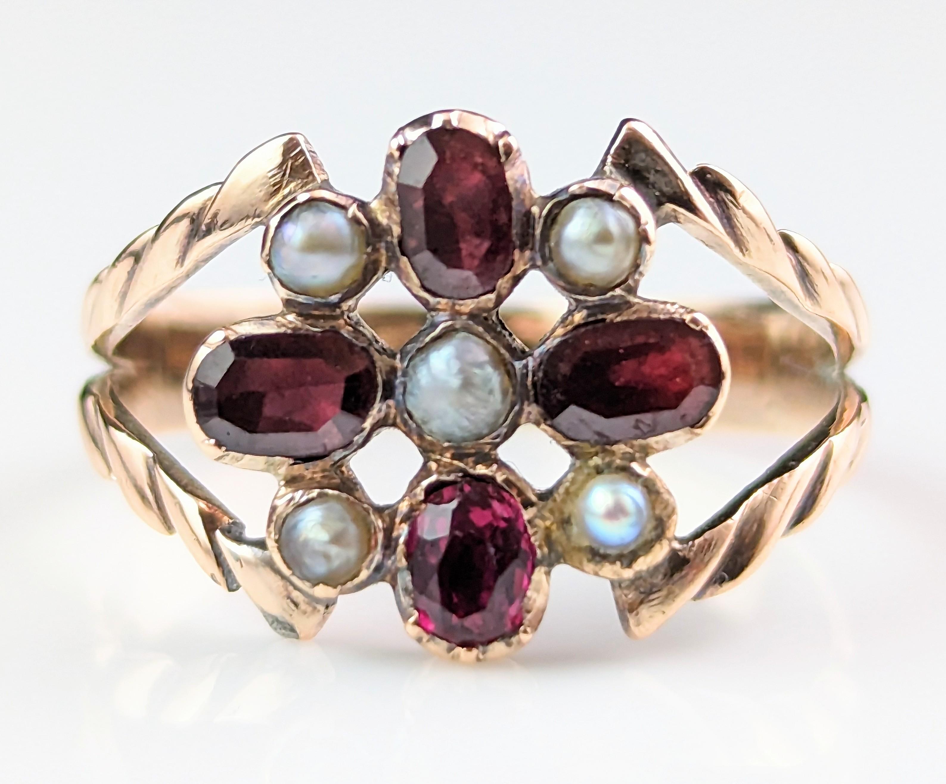 Antique Regency Era Floral Ring, Flat Cut Garnet, Pearl and Ruby, 9k Gold 1