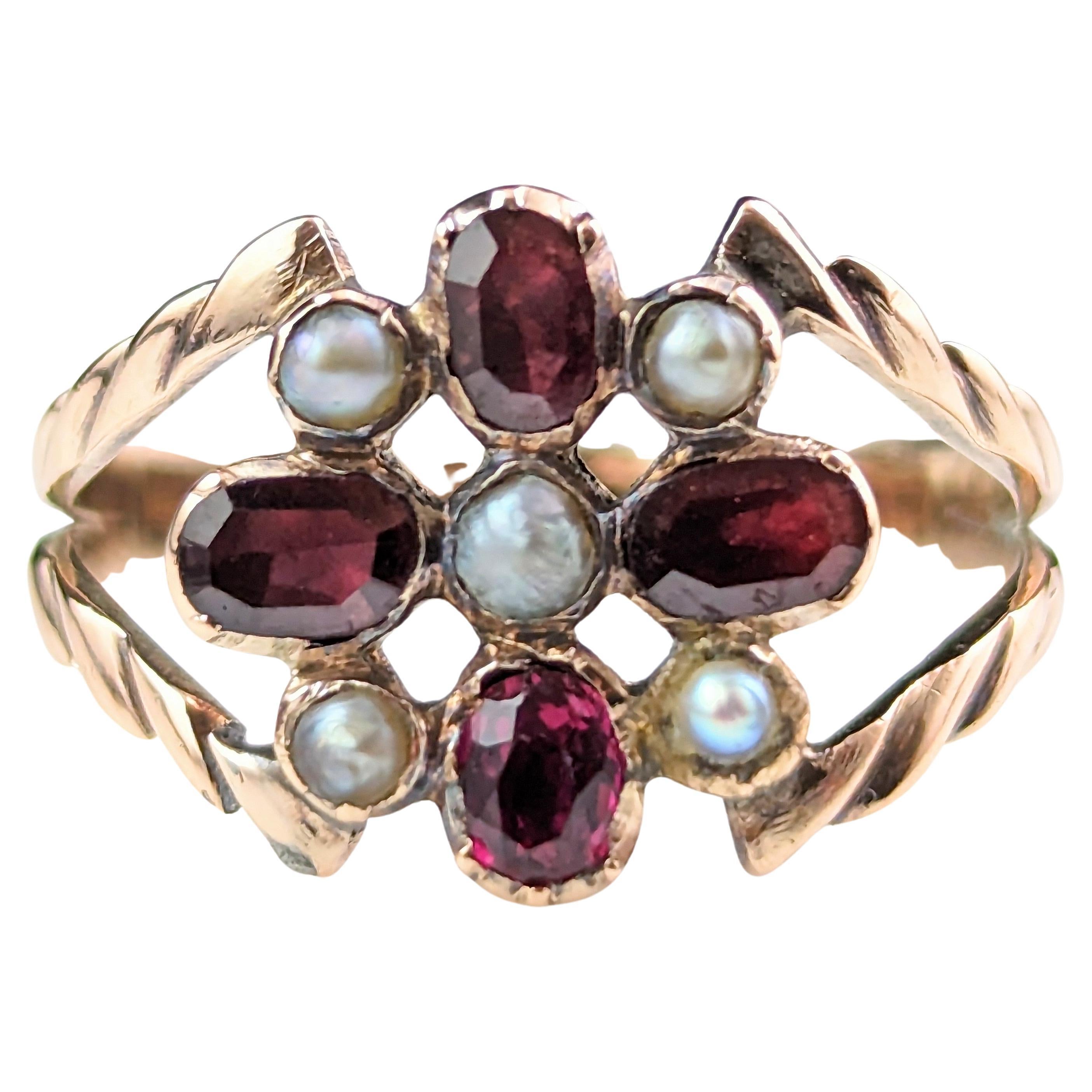 Antique Regency Era Floral Ring, Flat Cut Garnet, Pearl and Ruby, 9k Gold