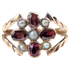 Antique Regency Era Floral Ring, Flat Cut Garnet, Pearl and Ruby, 9k Gold