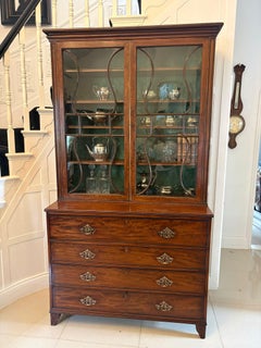 Antique Regency Figured Mahogany Secretaire Bookcase Desk With Glazed Doors