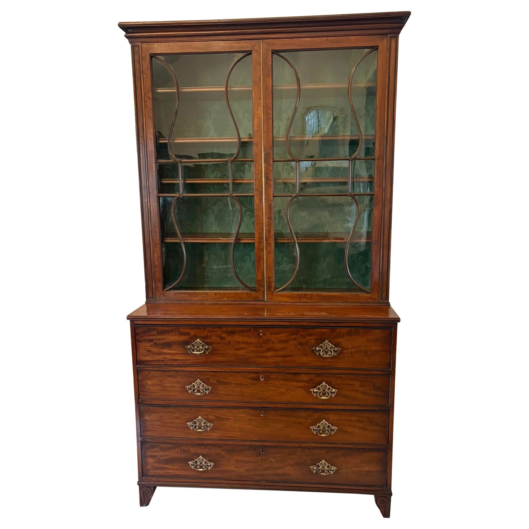 Antique Regency Figured Mahogany Secretaire Bookcase Desk With Glazed Doors