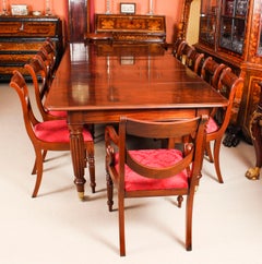 Antique Regency Flame Mahogany Dining Table and 12 Chairs, 19th Century