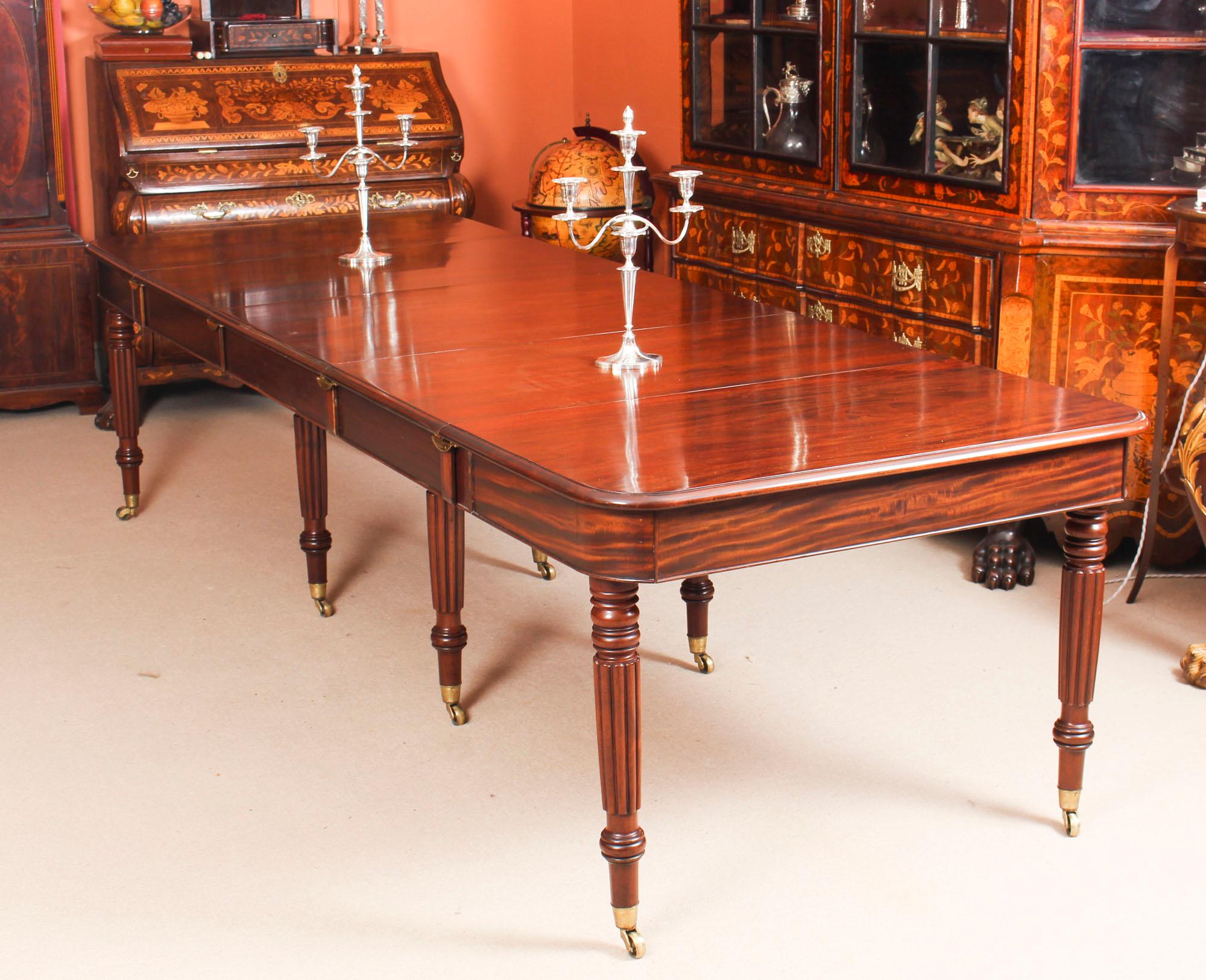 A very rare opportunity to own an antique English Regency dining table in the manner of Gillows, circa 1820 in date.

This amazing table has three leaves, which can be added or removed as required to suit the occasion. It has been handcrafted from