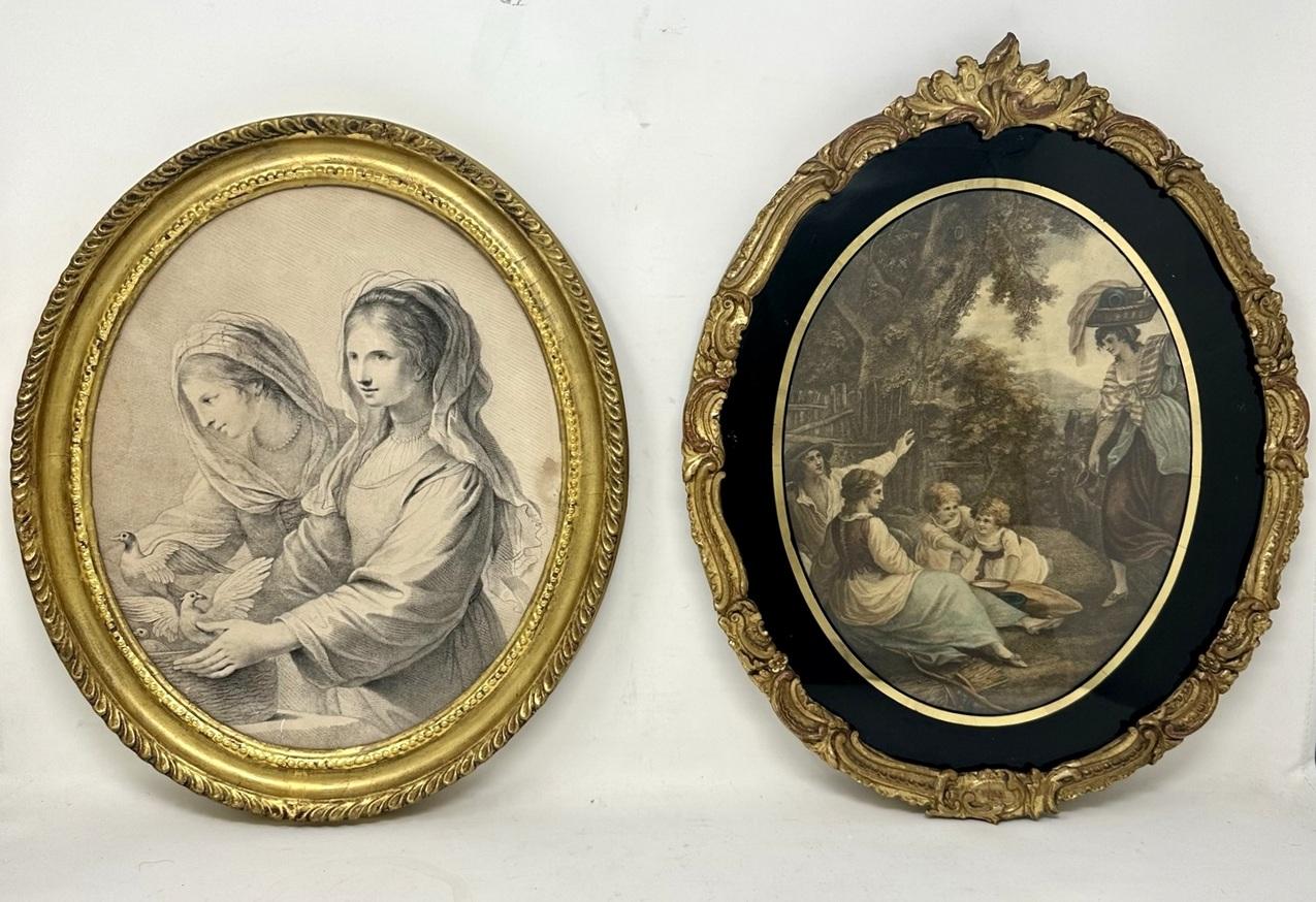 An exceptional example of a Regency period hand colored stipple Engraving by Francesco Bartolozzi titled “NOONDAY” complete with its original giltwood ornate oval frame and original eglomise glazing. First quarter of the Nineteenth Century. 

A