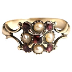 Antique Regency Garnet and seed pearl ring, 9k yellow gold 