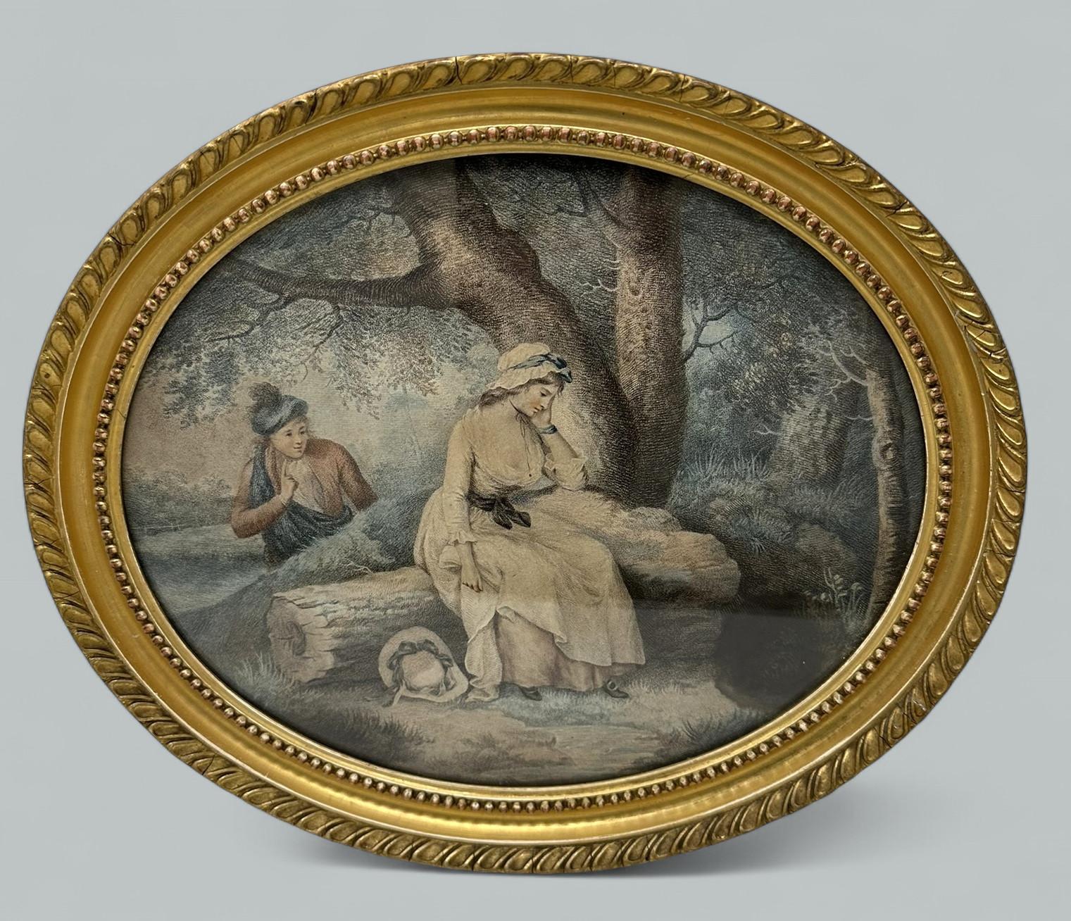 Antike Regency George Morland Hand koloriert Stipple Gravur Dame vergoldeten Rahmen (Grand Tour) im Angebot