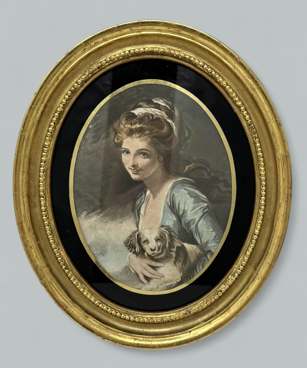 Antike Regency George Morland Hand koloriert Stipple Gravur Dame vergoldeten Rahmen (Französisch) im Angebot