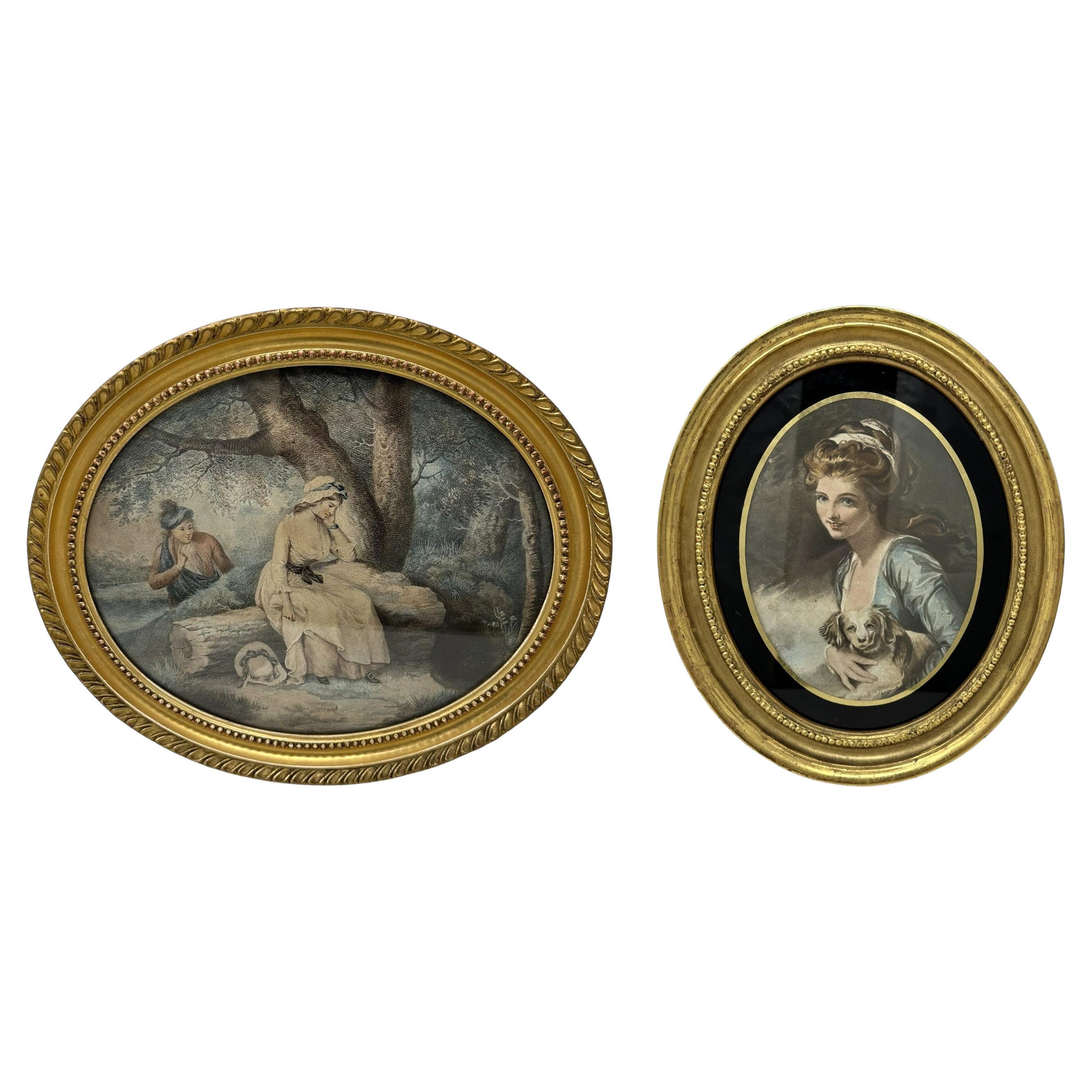Antike Regency George Morland Hand koloriert Stipple Gravur Dame vergoldeten Rahmen im Angebot