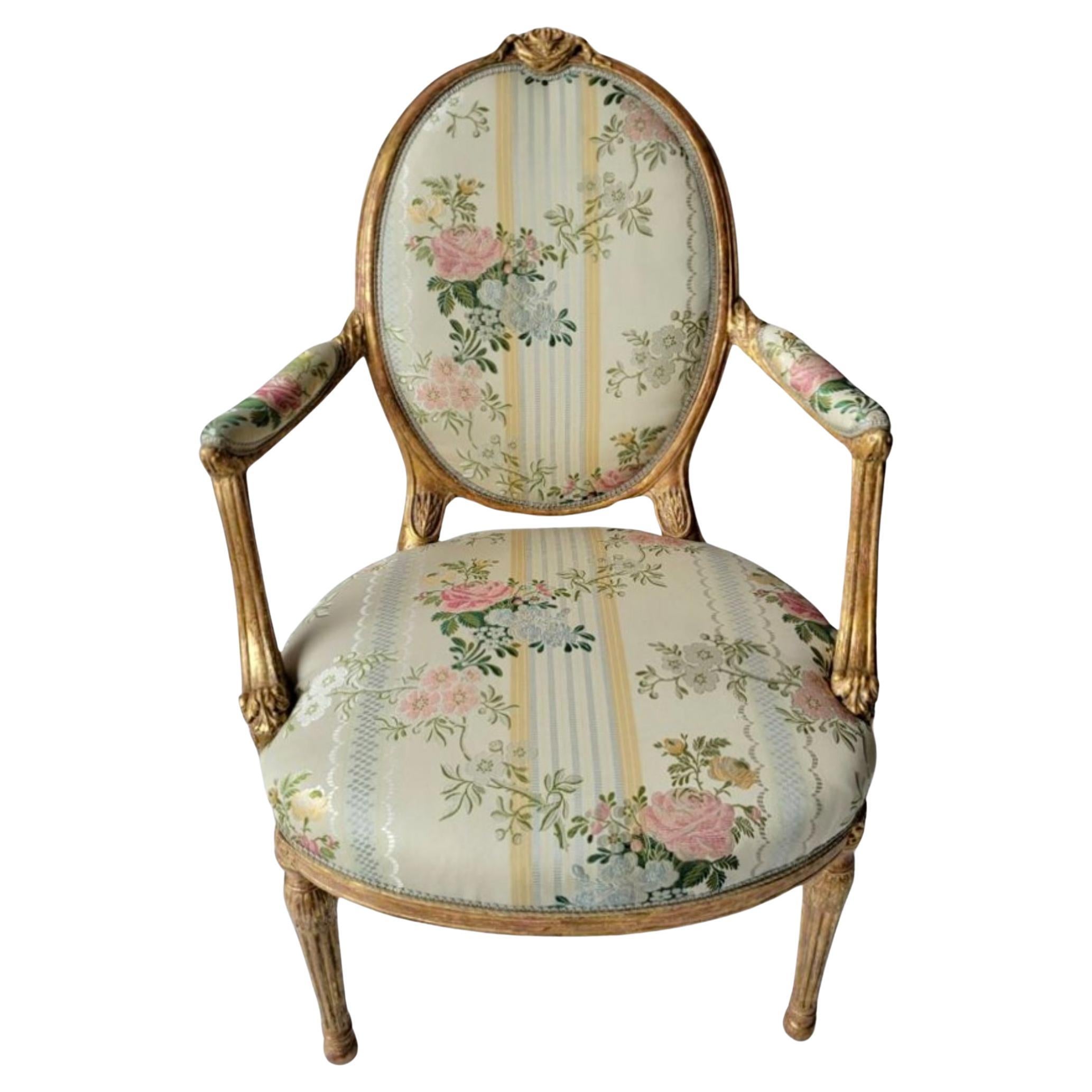 Antike Regency Giltwood Fauteuil Arm Stuhl w Französisch Seide Lampas im Angebot