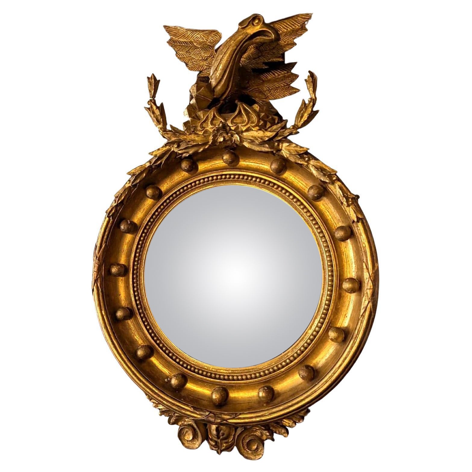 Antiguo Regencia Giltwood Espejo Redondo Convexo con Cresta de Águila Dorada en venta