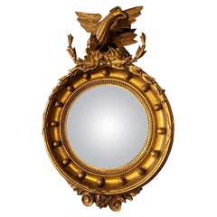Antiguo Regencia Giltwood Espejo Redondo Convexo con Cresta de Águila Dorada