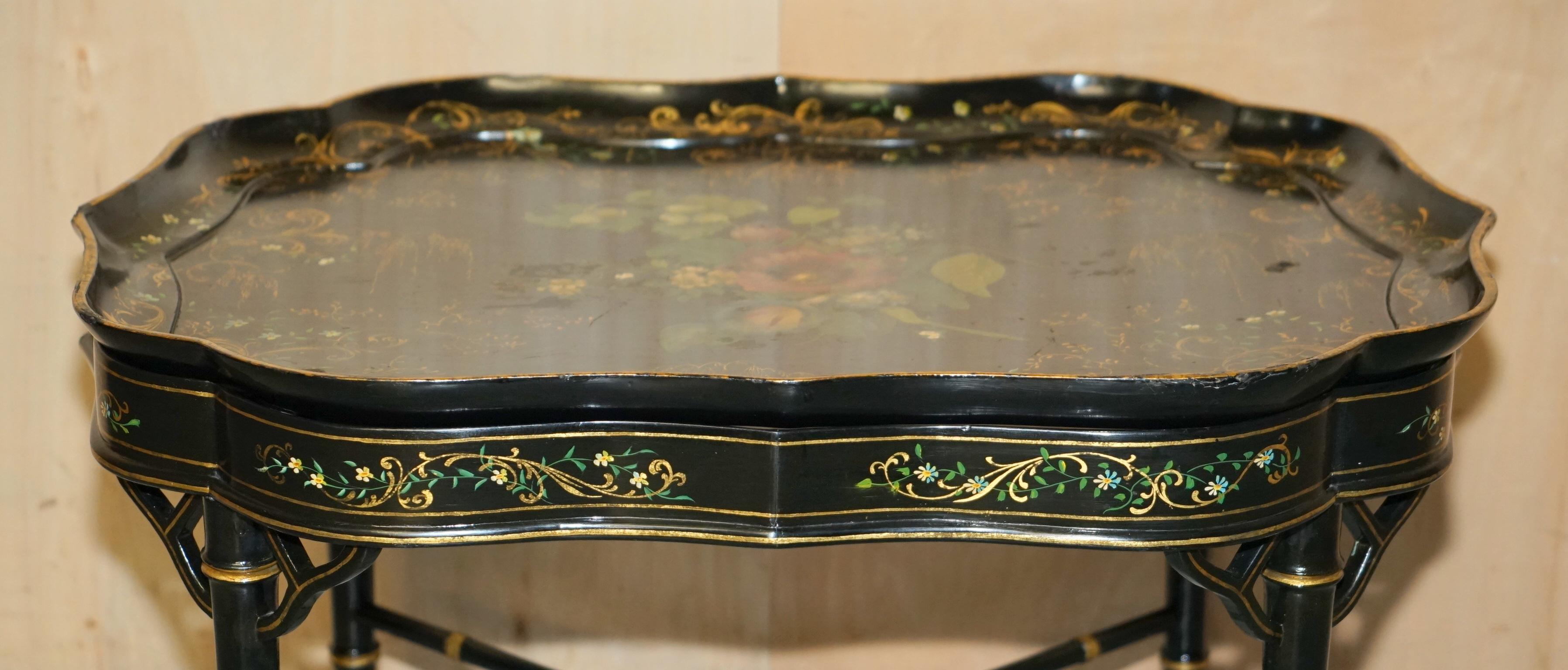 English ANTiQUE REGENCY HAND PAINTED PAPER MACHE REMOVEABLE TOP TRAY SERVING TABLE For Sale