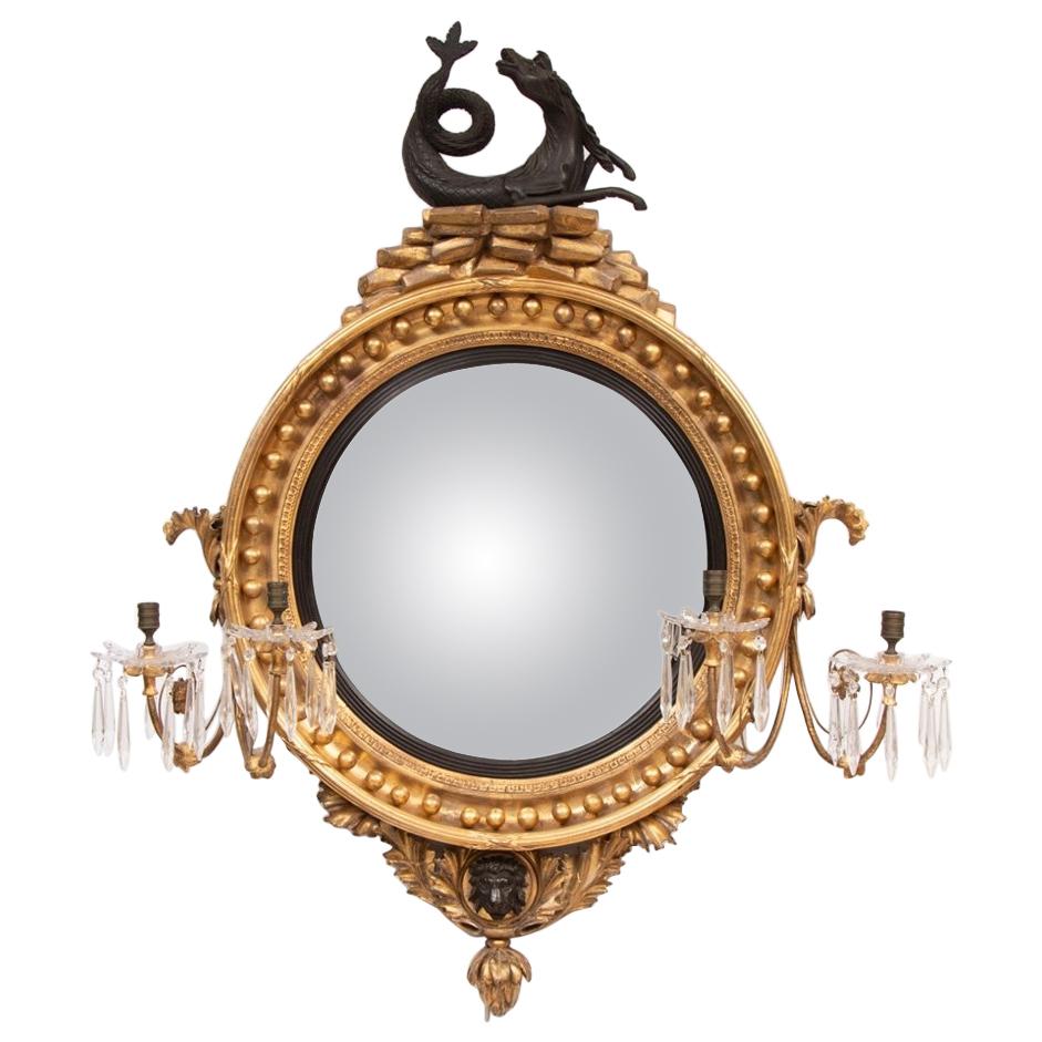 Antique Regency Hippocamp Convex Mirror with Gilded Frame, 1820s