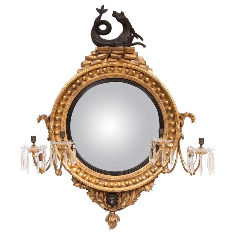 Antique Regency Hippocamp Convex Mirror with Gilded Frame, 1820s For Sale