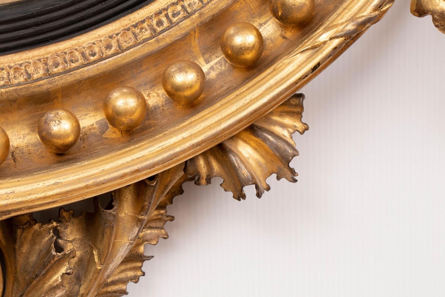 Giltwood Antique Regency Hippocamp Convex Mirror with Gilded Frame, 1820s
