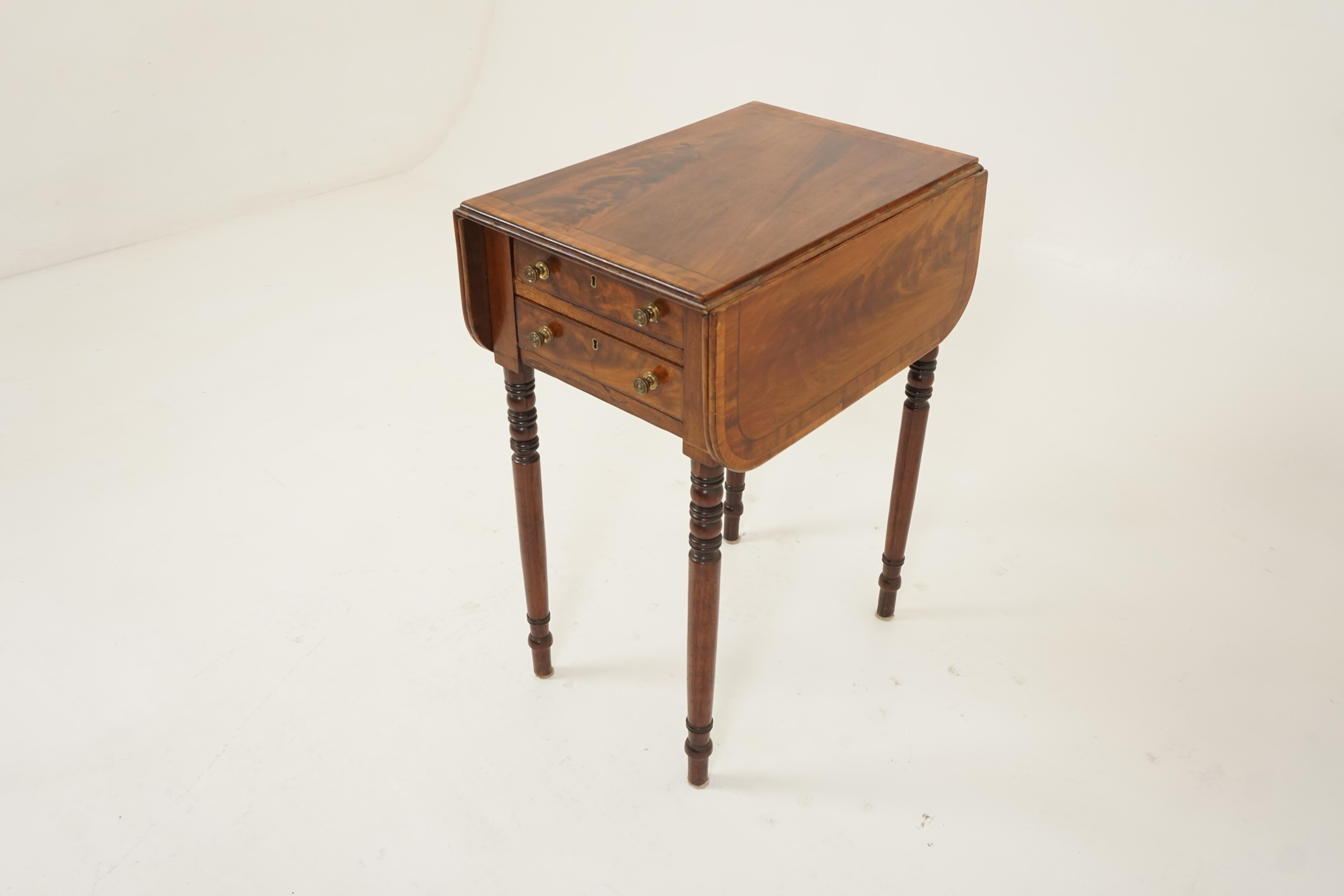 Antique Regency inlaid Pembroke drop leaf table, Scotland 1810, H288

Scotland 1810
Solid Walnut
Original finish
Having a beautiful walnut top
With satinwood cross banding
Pair of string inlaid drawers
All fitted with brass handles
Raised on elegant