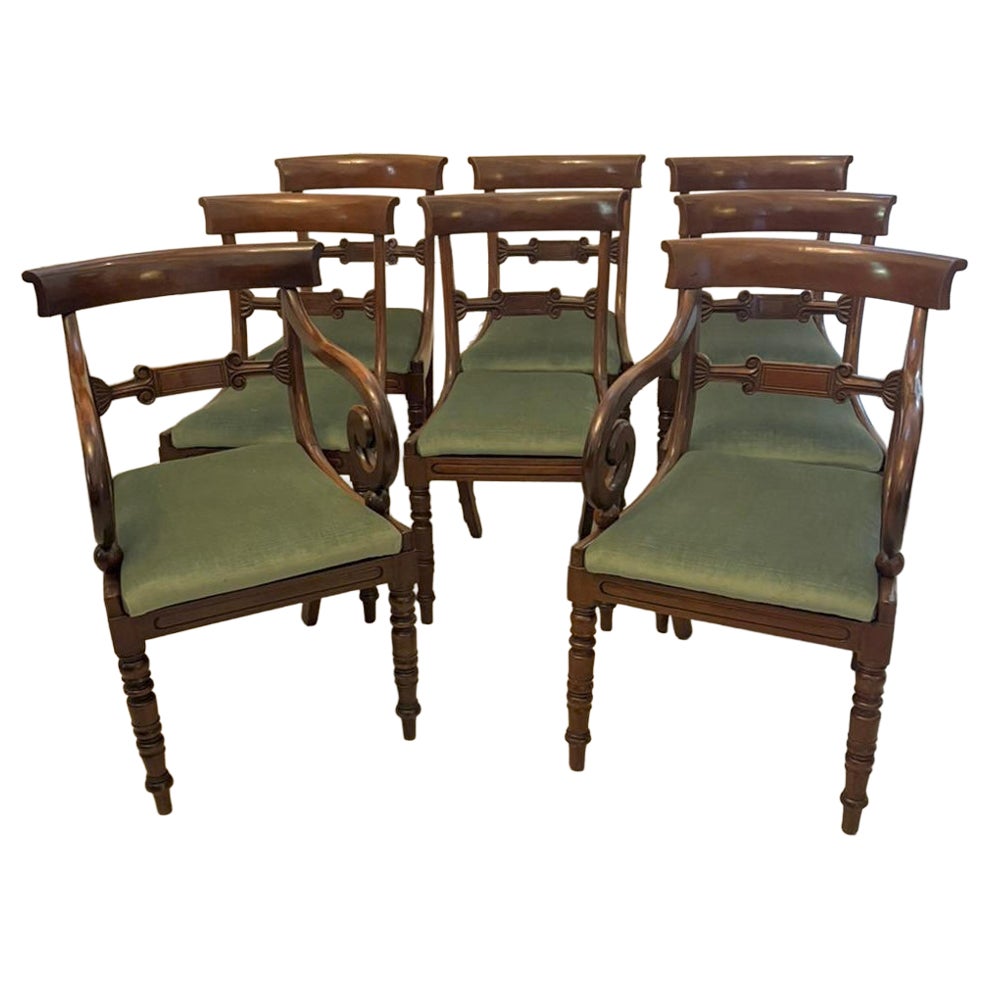Antique Regency Mahogany Set of 8 Dining Chairs with Scroll Arm Carvers For Sale