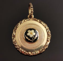 Antique Regency mourning locket, 9k gold front, Forget me not flower