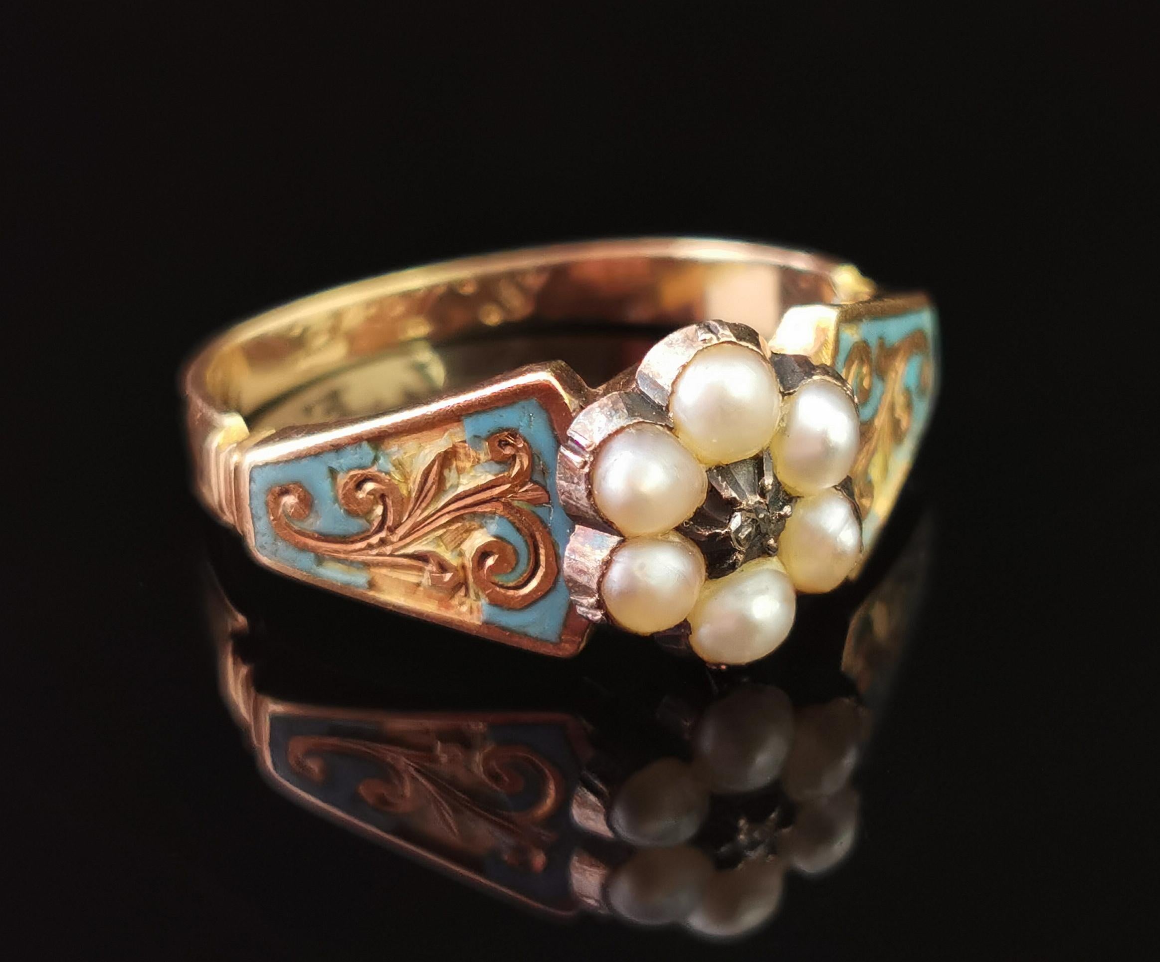 Antique Regency Mourning Ring, 18 Karat Gold, Blue Enamel, Pearl and Diamond 2
