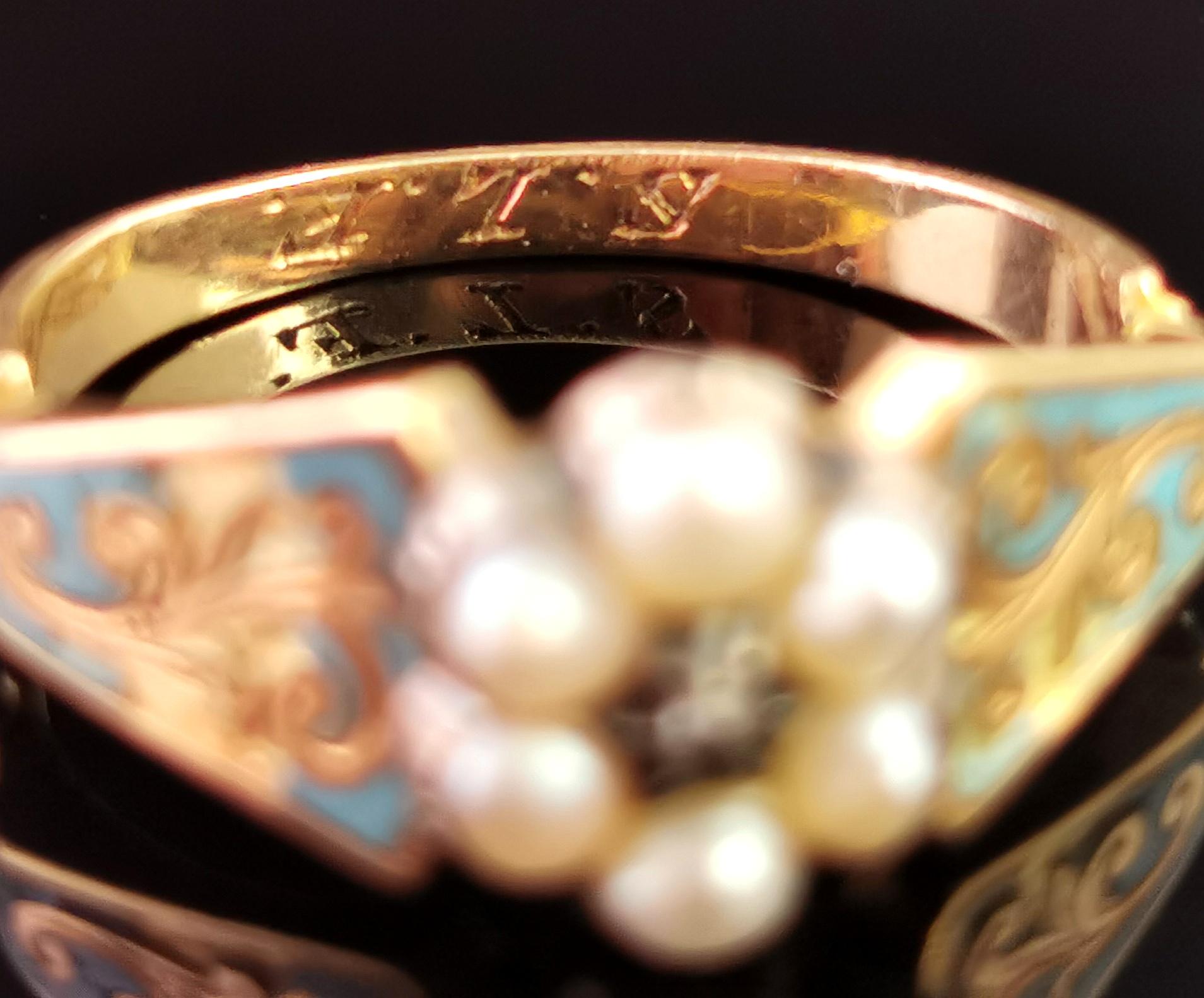 Antique Regency Mourning Ring, 18 Karat Gold, Blue Enamel, Pearl and Diamond 4
