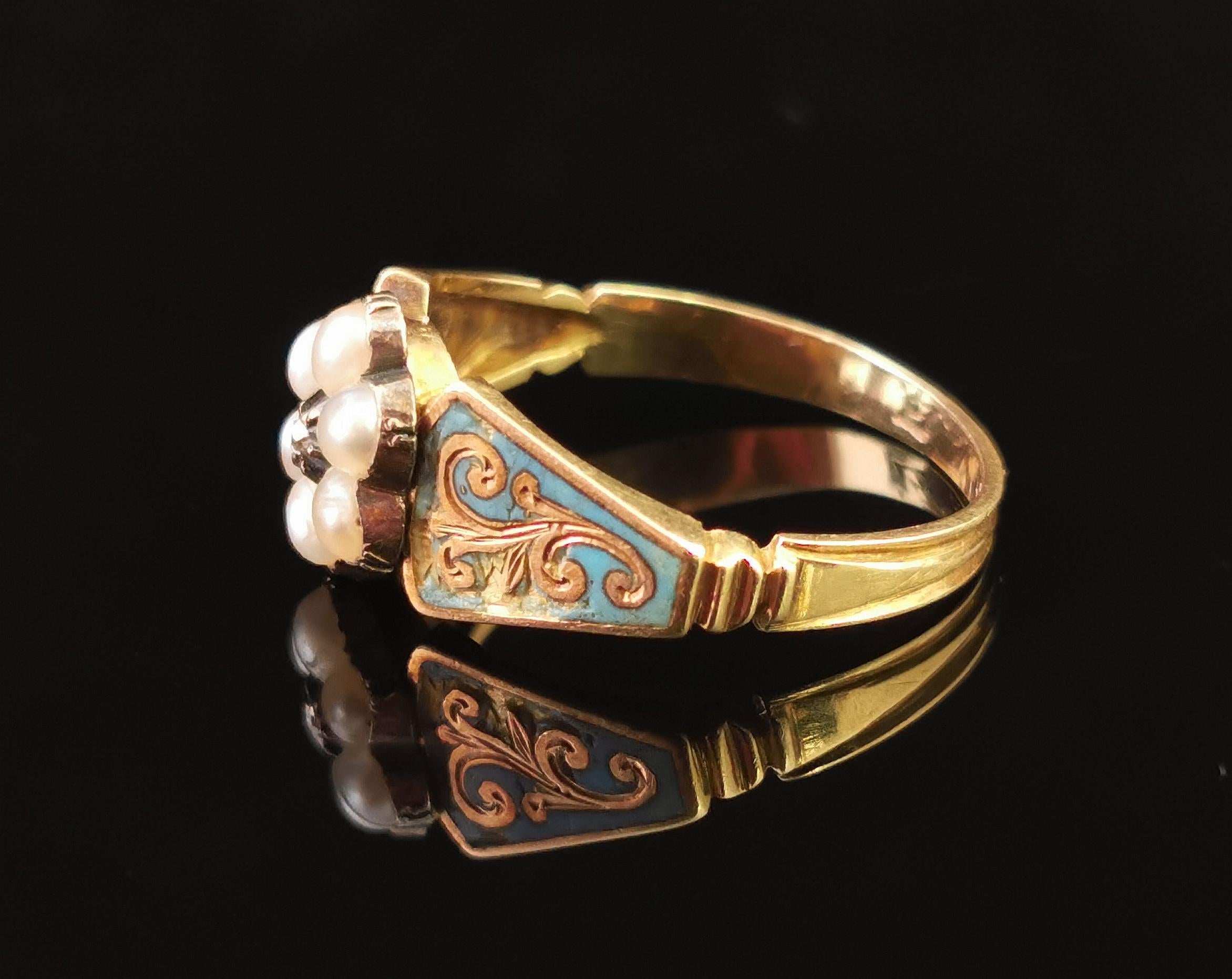 Rose Cut Antique Regency Mourning Ring, 18 Karat Gold, Blue Enamel, Pearl and Diamond
