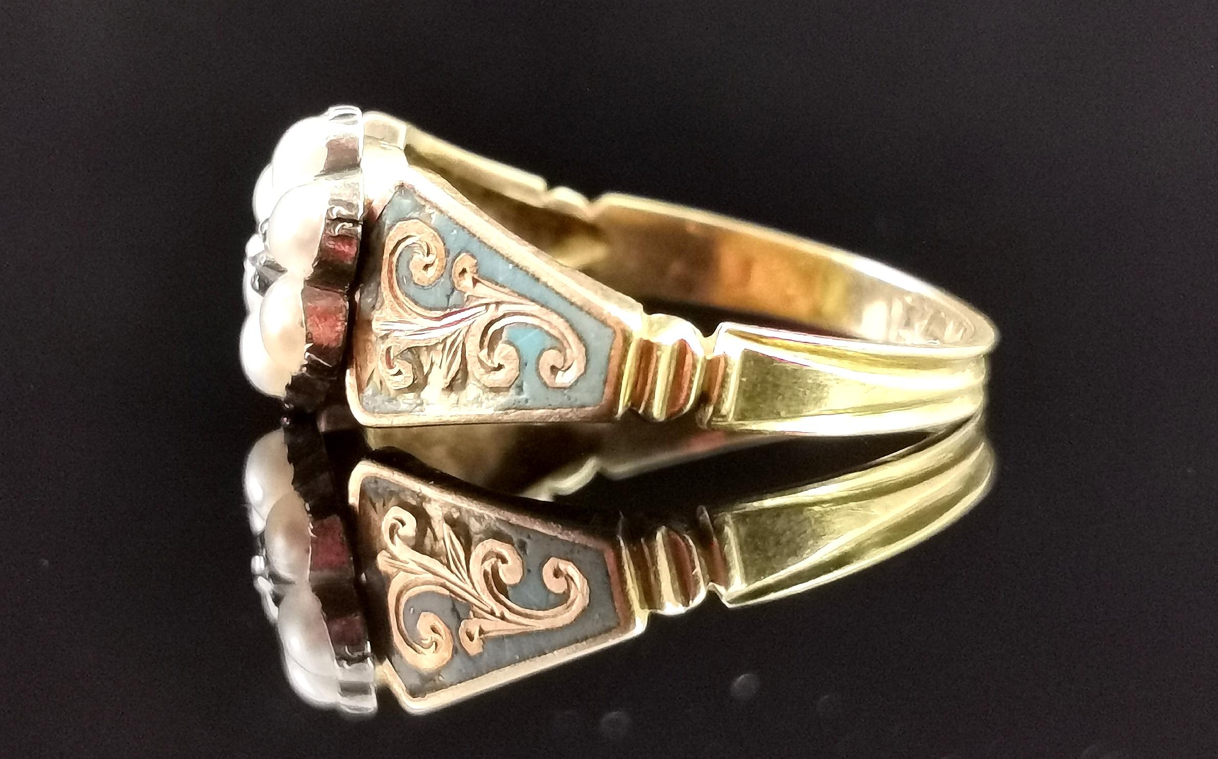 Women's Antique Regency Mourning Ring, 18 Karat Gold, Blue Enamel, Pearl and Diamond
