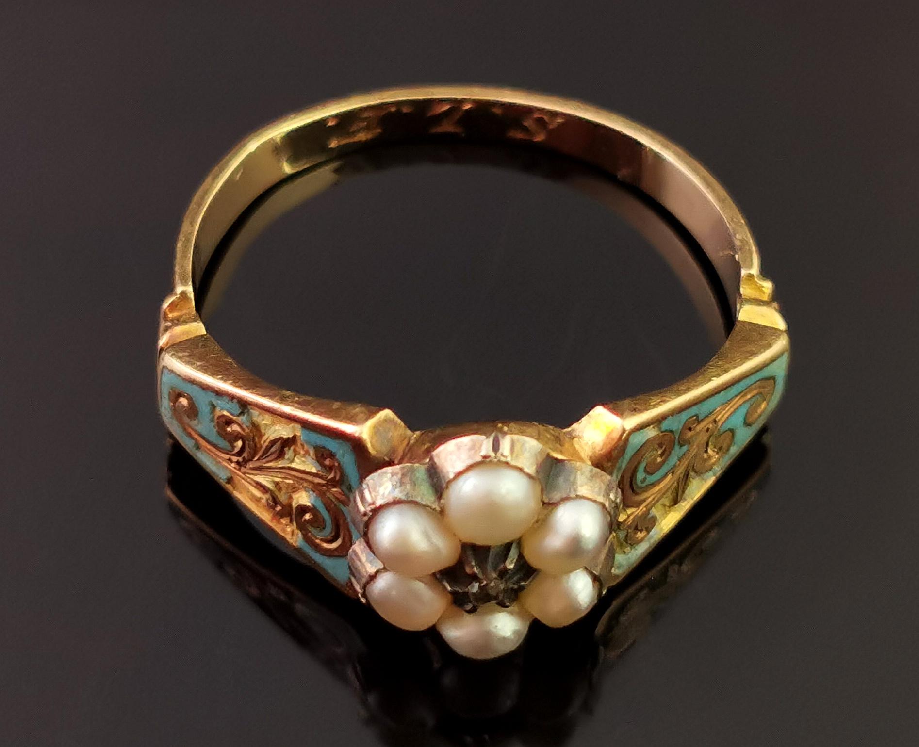 Antique Regency Mourning Ring, 18 Karat Gold, Blue Enamel, Pearl and Diamond 1
