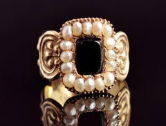 Antique Regency Mourning Ring, 18k Gold, Onyx and Pearl