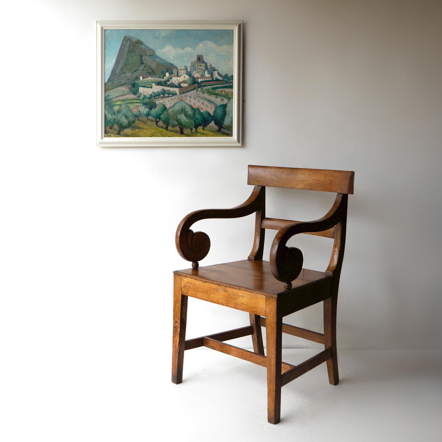 Antique Regency Oak Scroll Armchair, Early 19th Century Elbow Chair For Sale 10