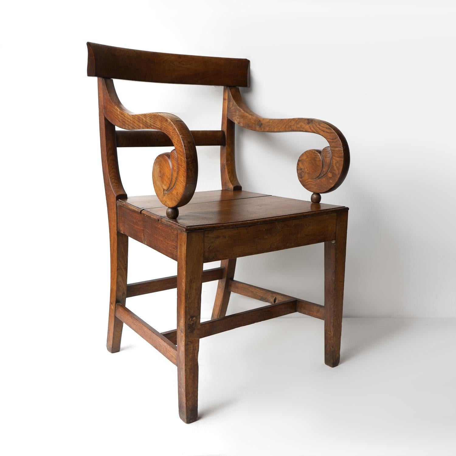 British Antique Regency Oak Scroll Armchair, Early 19th Century Elbow Chair For Sale