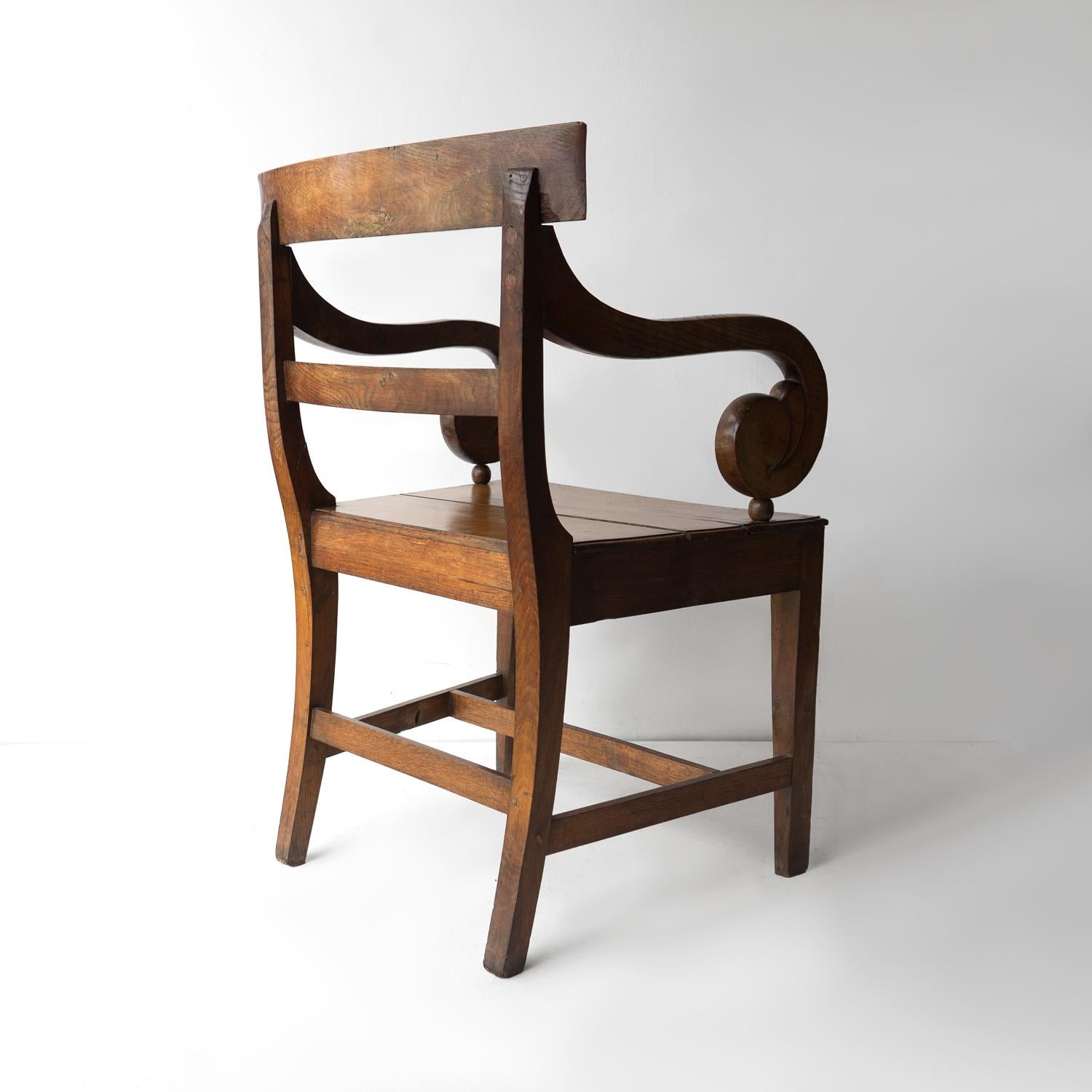 Antique Regency Oak Scroll Armchair, Early 19th Century Elbow Chair For Sale 1