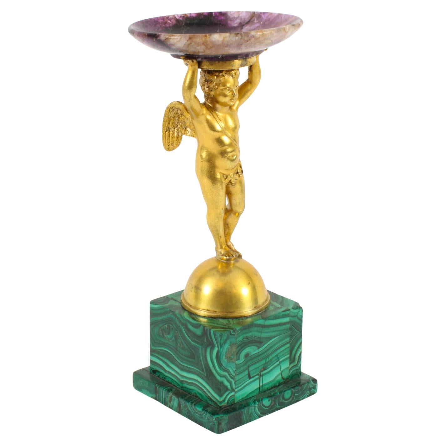 Antique Regency Ormolu Cherub Tazza with Malachite & Blue John 19th Century