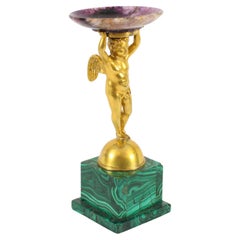 Antiguo Tazza de Ormolu de la Regencia con Querubín, Malaquita y Juan Azul Siglo XIX