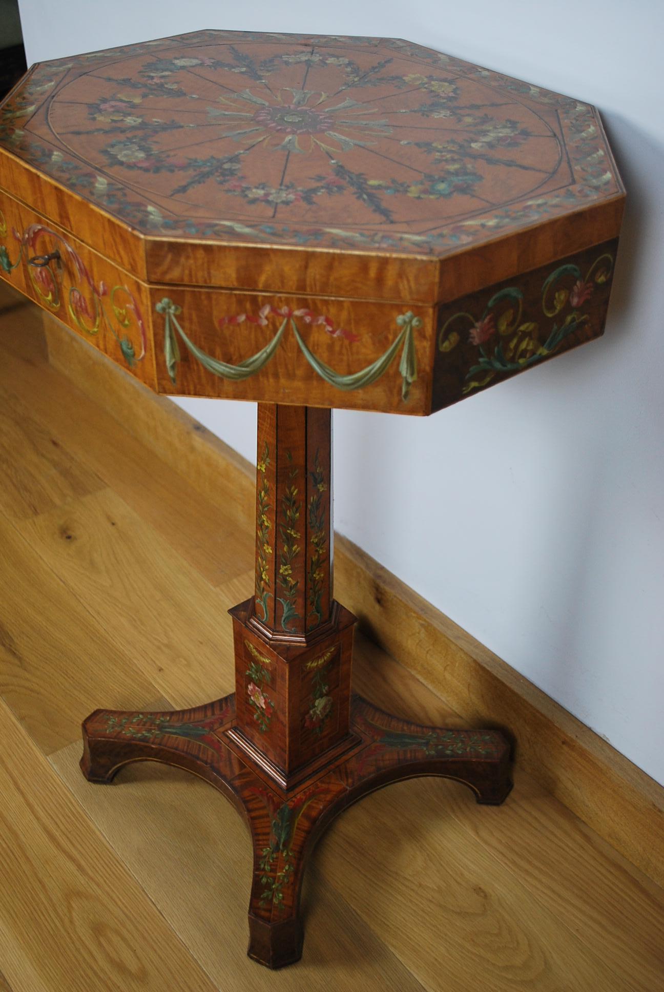 English Antique Regency Painted satinwood Octagonal Sewing Table / occasional table For Sale