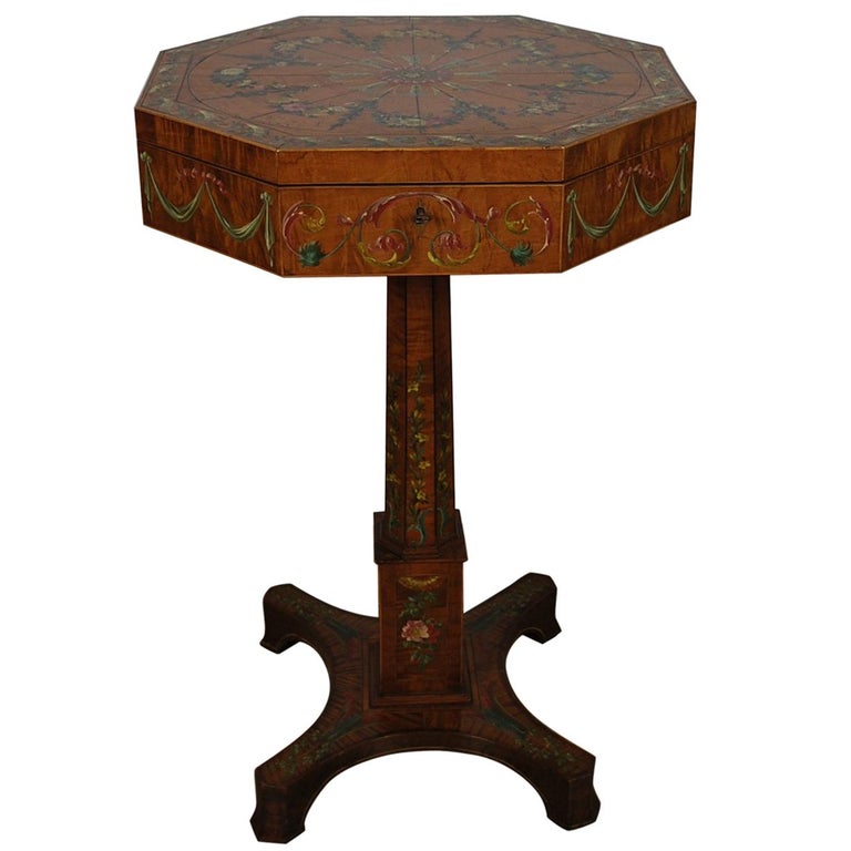 Antique Regency Painted satinwood Octagonal Sewing Table / occasional