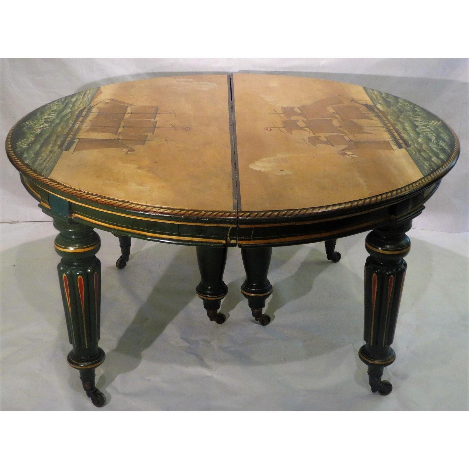 Antique Regency period breakfast table with nautical ship paintings. Excellent for a Nantucket design statement. Also can be used as demilune console tables. It is a very unusual example and features elaborate nautical paintings of ships at sea. The