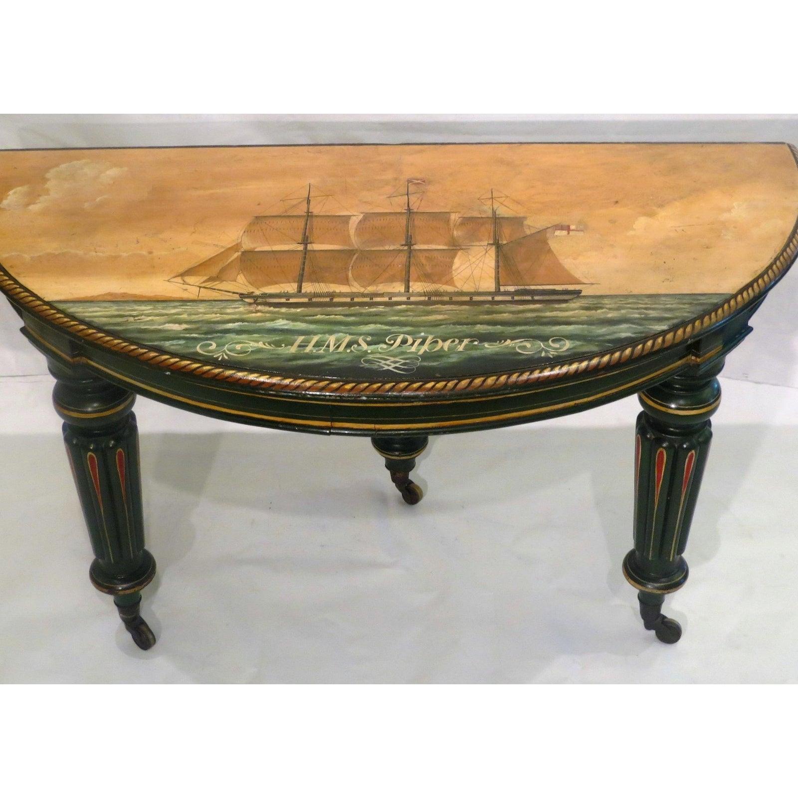 English Antique Regency Period Breakfast Table with Nautical Ship Paintings