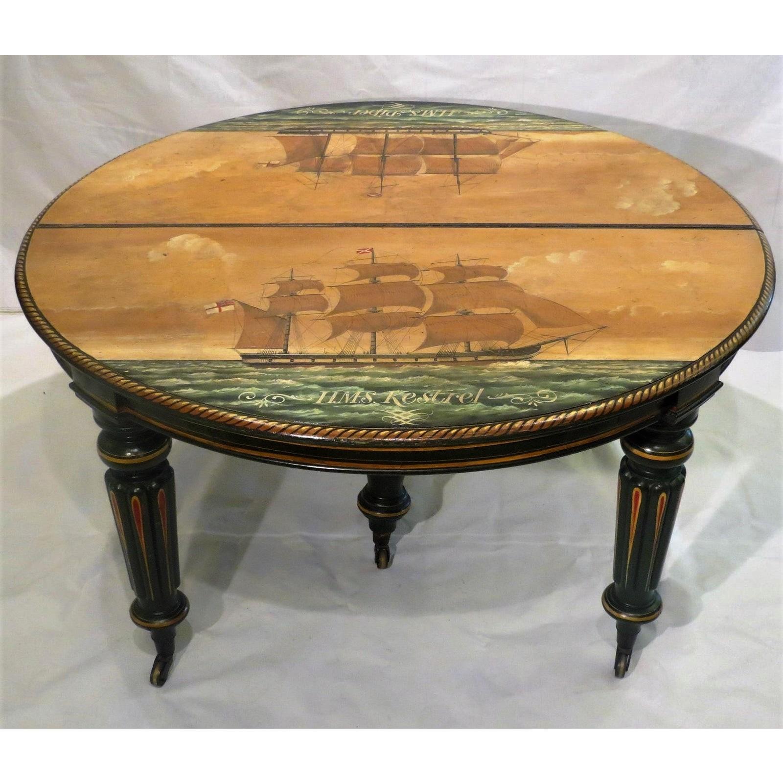 Antique Regency Period Breakfast Table with Nautical Ship Paintings In Good Condition In LOS ANGELES, CA