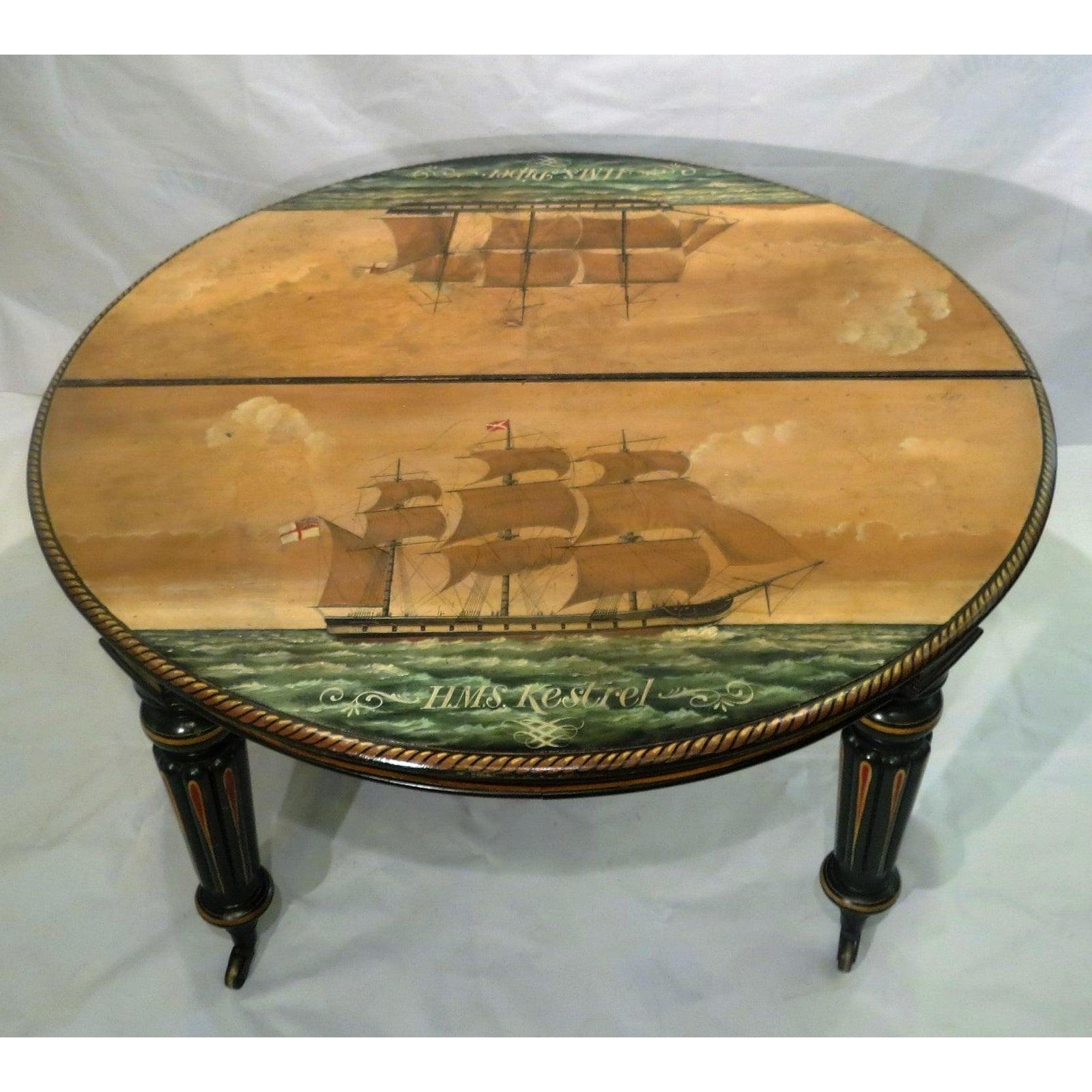 19th Century Antique Regency Period Breakfast Table with Nautical Ship Paintings