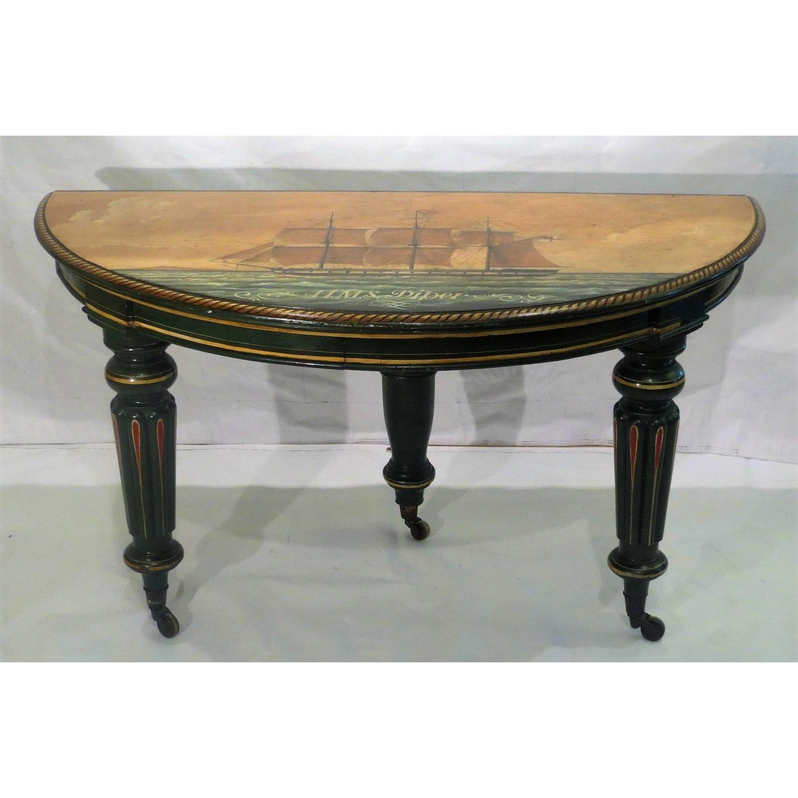 Mahogany Antique Regency Period Breakfast Table with Nautical Ship Paintings