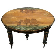 Antique Regency Period Breakfast Table with Nautical Ship Paintings
