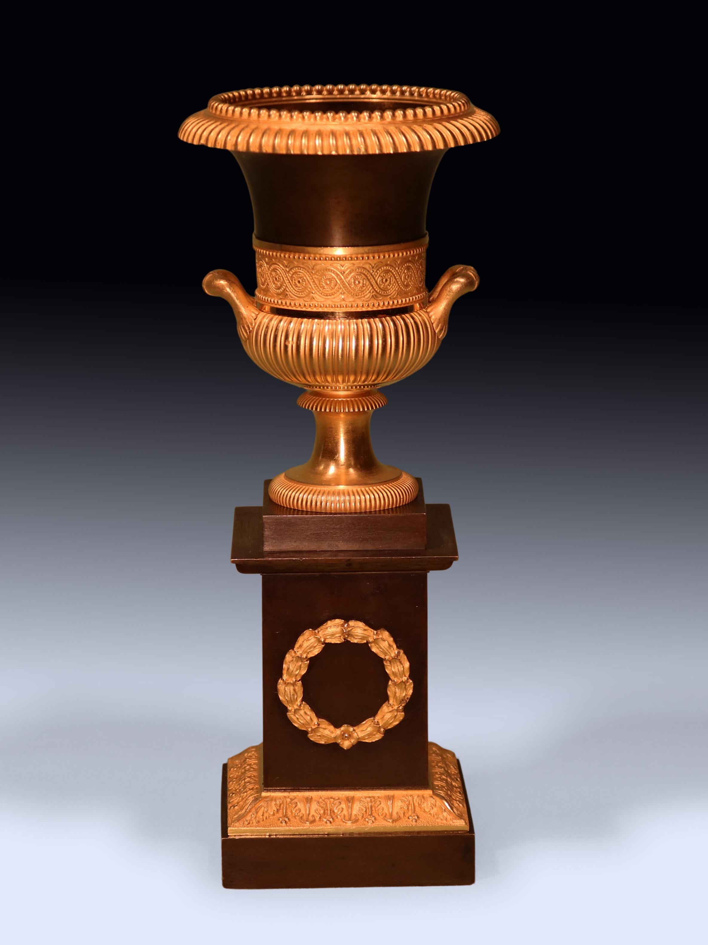 Une belle paire d'urnes campanaires en bronze et en bronze doré du début du 19e siècle, de petites proportions inhabituelles, conservant leur dorure d'origine, avec des sommets perlés et un bandeau décoré de volutes au-dessus des poignées, reposant