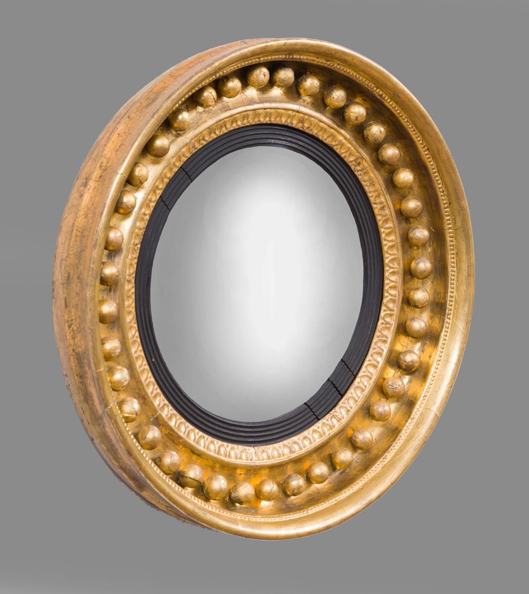 English Antique Regency Period Giltwood Convex Mirror For Sale