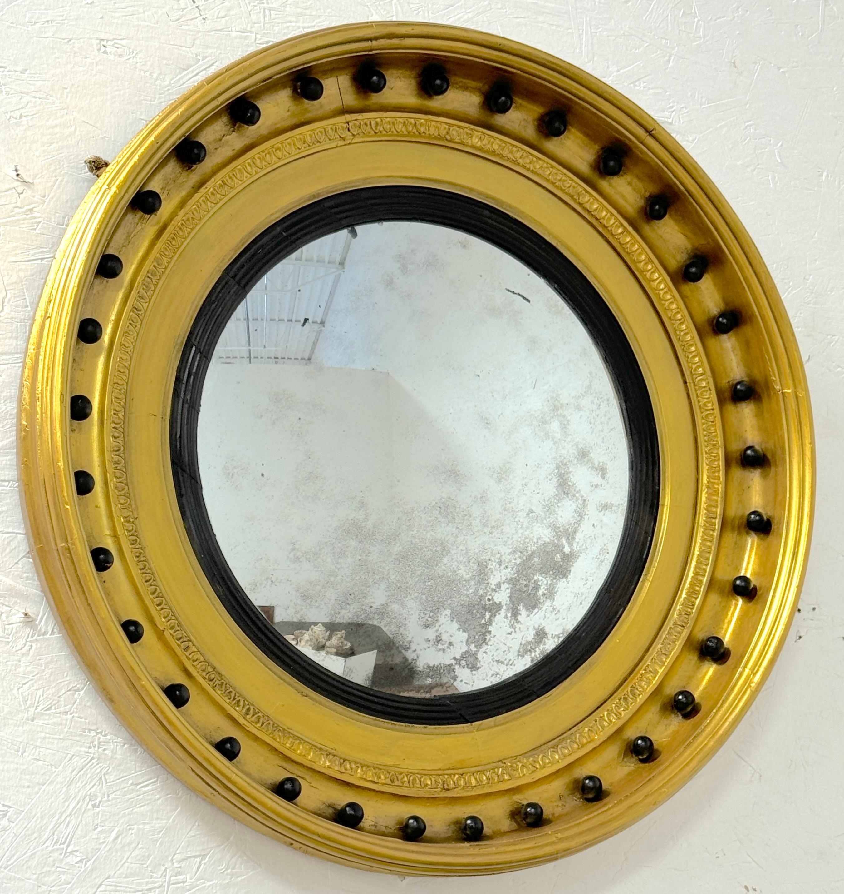 English Antique Regency Period Giltwood, Gesso & Ebonized Convex Mirror