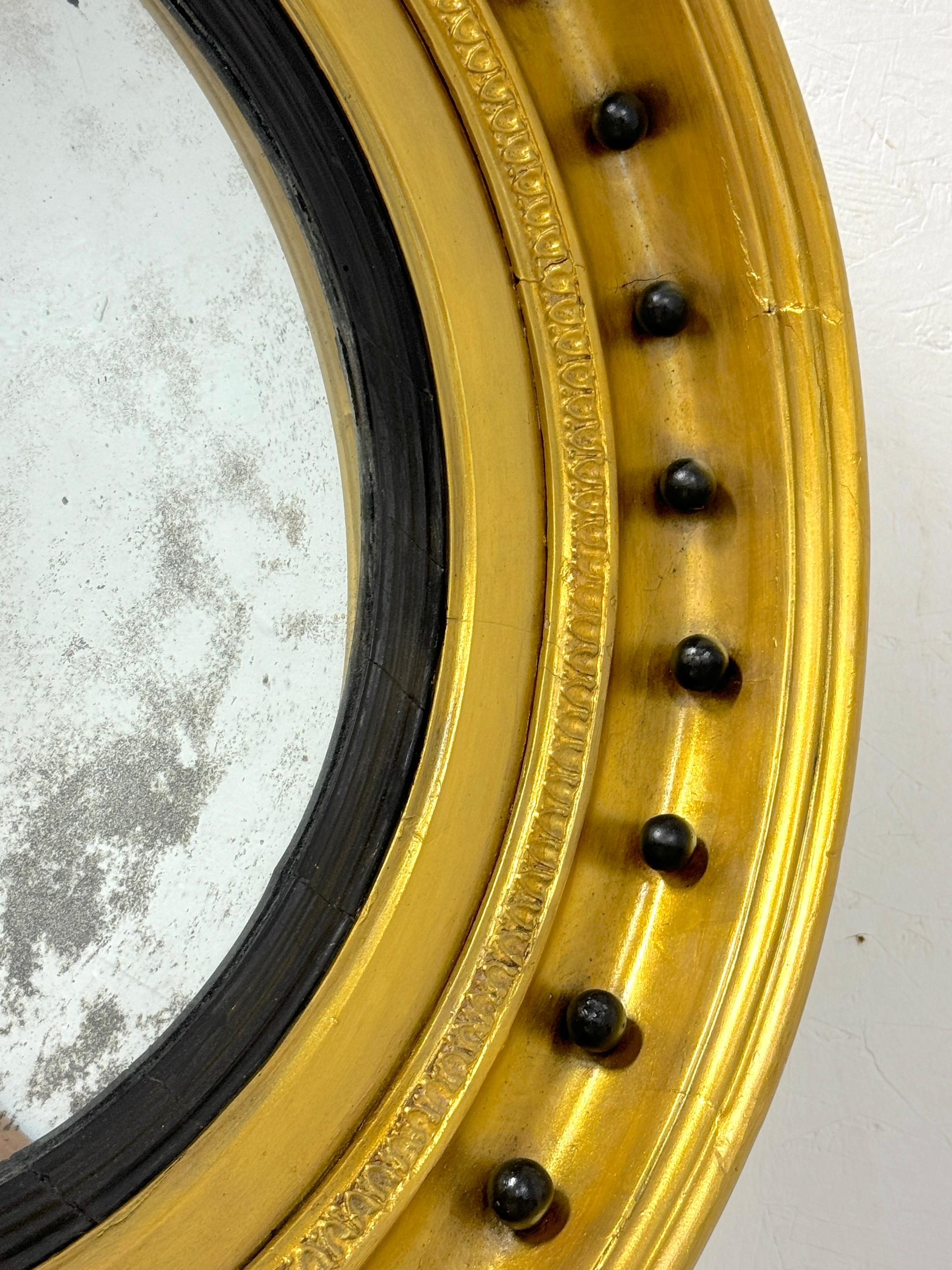 Antique Regency Period Giltwood, Gesso & Ebonized Convex Mirror In Good Condition In West Palm Beach, FL