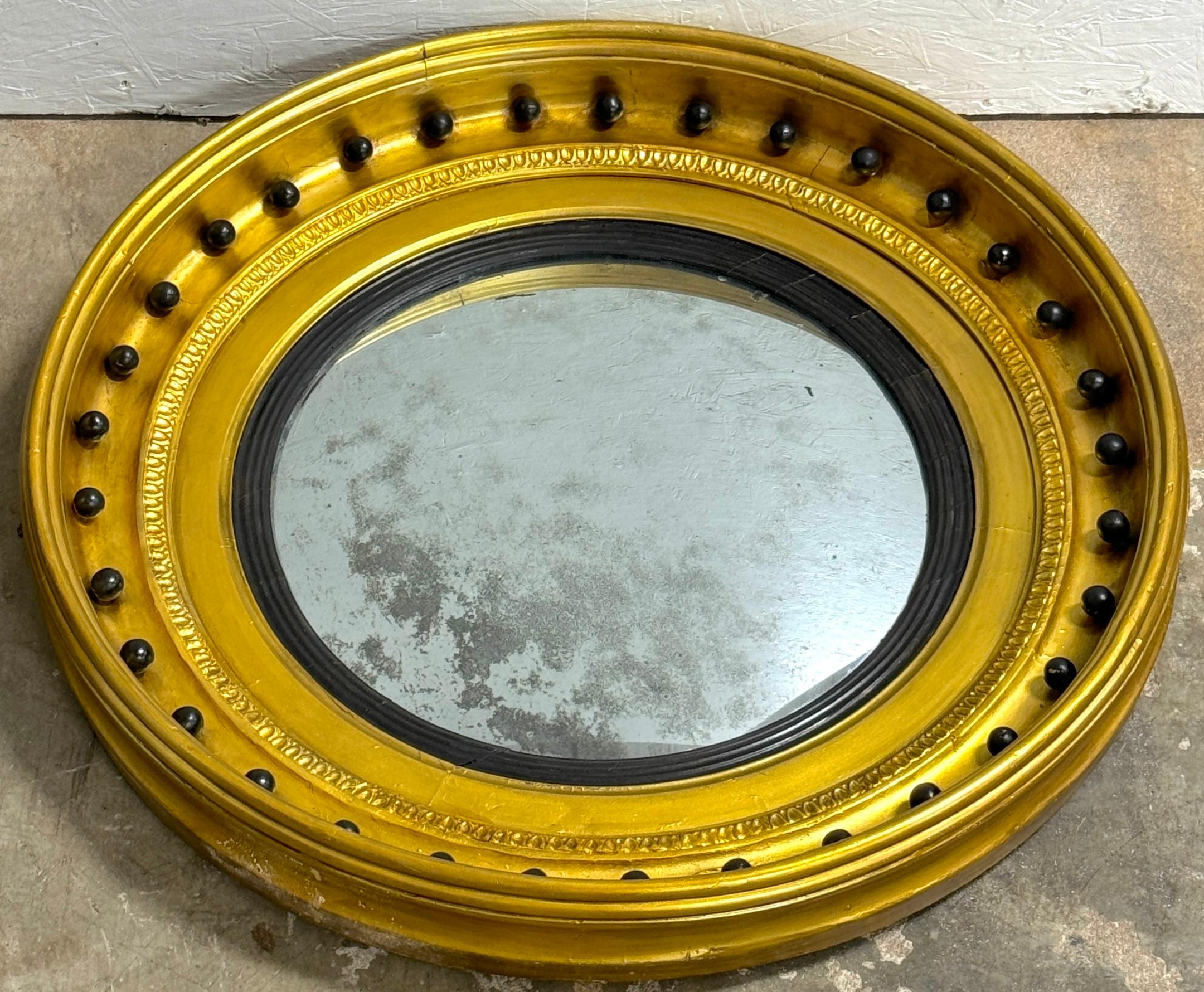 19th Century Antique Regency Period Giltwood, Gesso & Ebonized Convex Mirror
