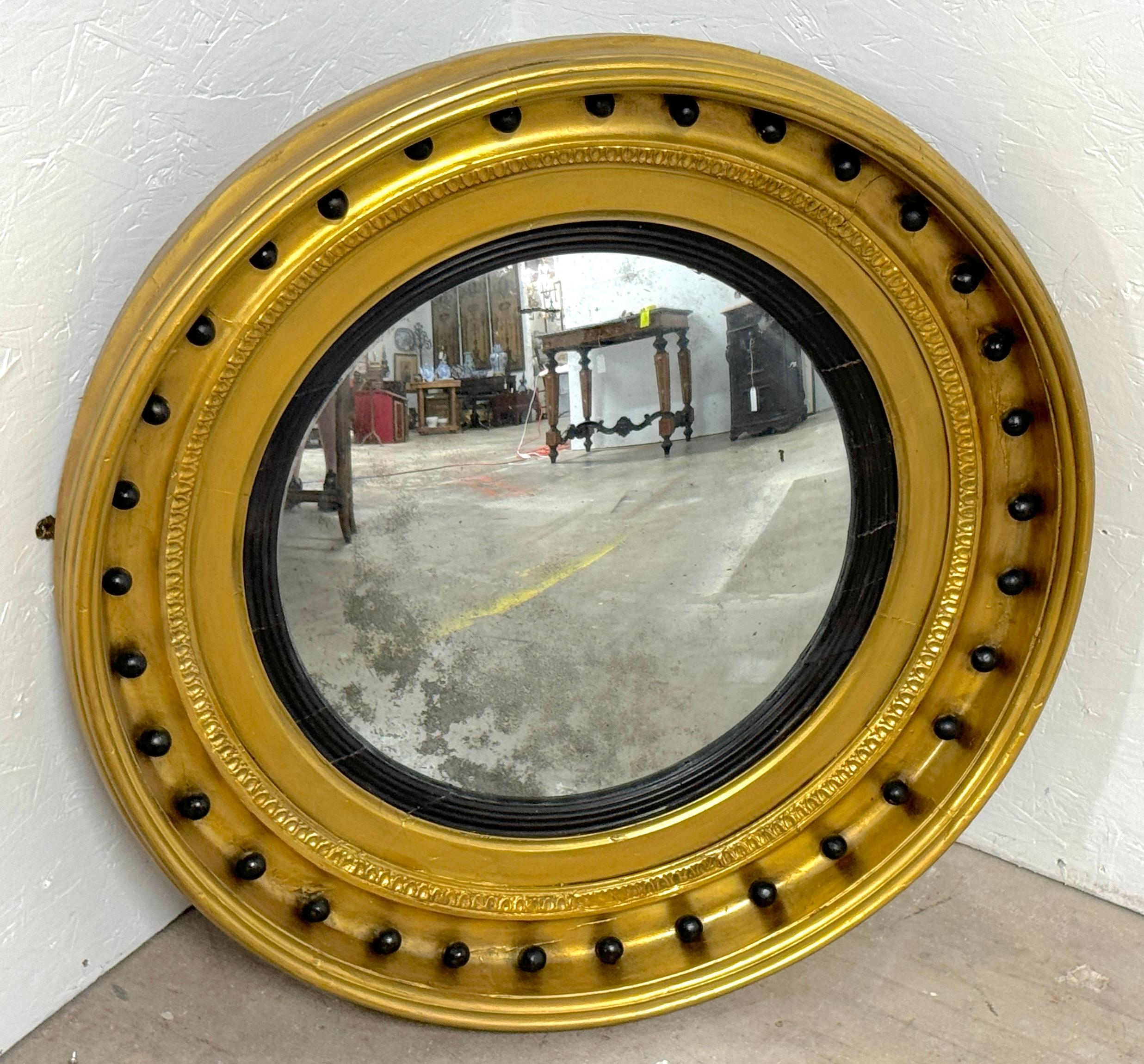 Antique Regency Period Giltwood, Gesso & Ebonized Convex Mirror 1