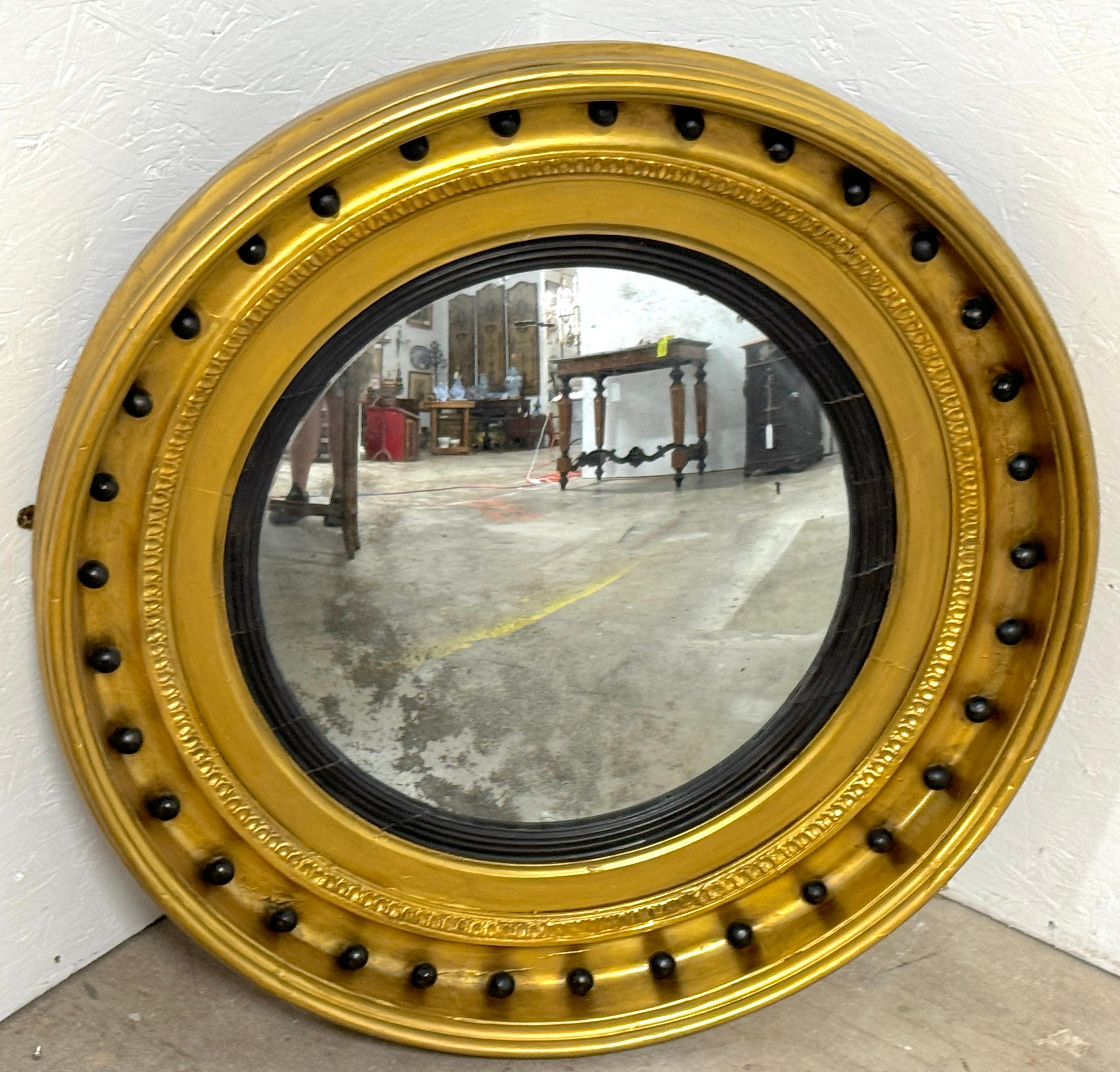 Antique Regency Period Giltwood, Gesso & Ebonized Convex Mirror 3